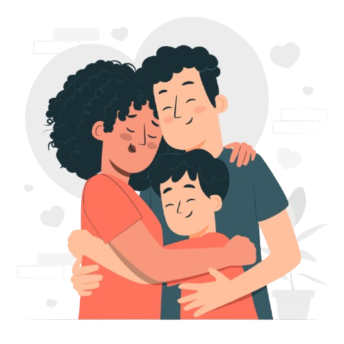 Illustration of a happy family hugging each other with smiles and closed eyes.